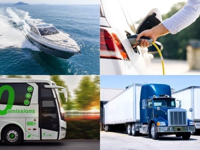 Various forms of transportation, bus, semi-truck, boat and plane.