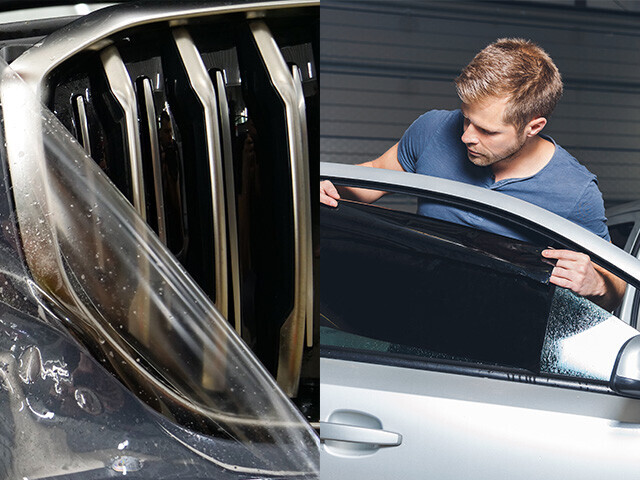 tinted film being applied to a car window, film being removed from interior car vent