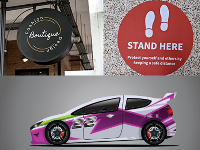 car with purple and white graphics, 'Stand here' floor sticker and boutique sign