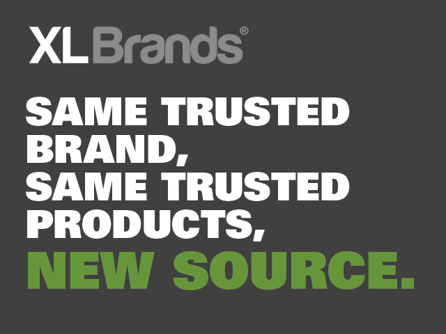 XL Brands logo with the text SAME TRUSTED  BRAND,  SAME TRUSTED  PRODUCTS,  NEW SOURCE.