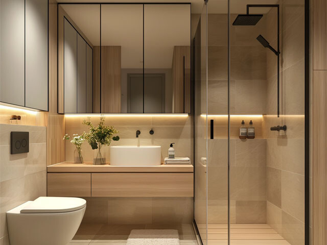 Bathroom with a toilet to the left and a shower on the right