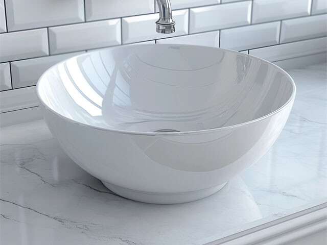 A white sink on top of a marble counter top