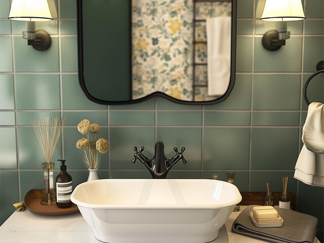 Bathroom sink with green tiles and a mirror above it