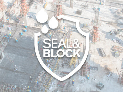 bostik seal and block logo over an image of a construction site