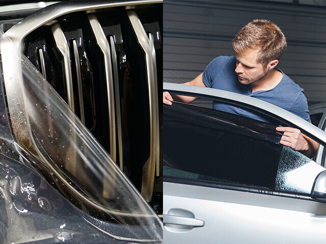 protective film being removed from car interior, tinted film being applied to window