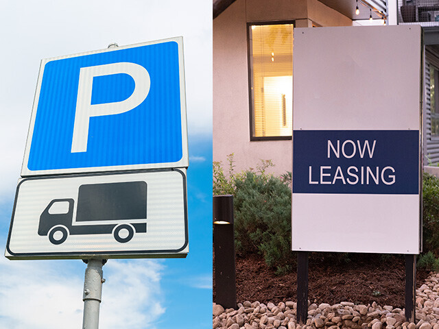 blue parking sign, blue now leasing sign