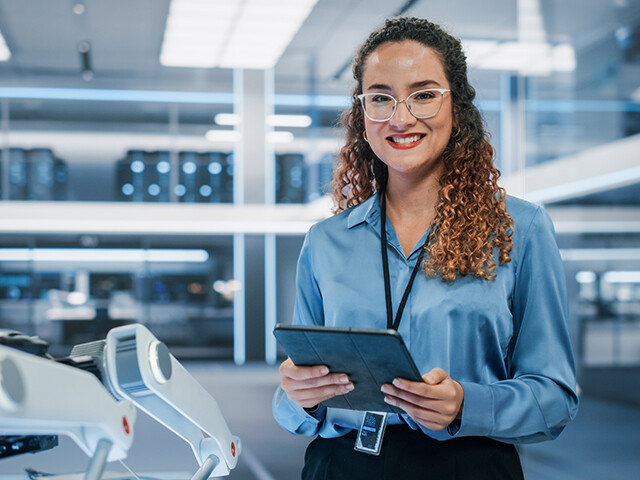 woman holding table in a clean room ready to help