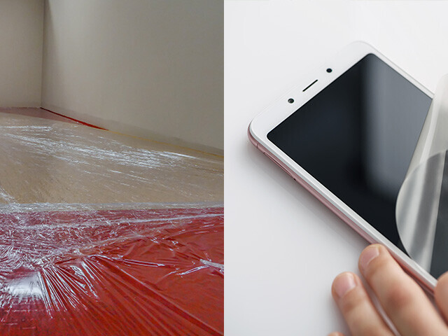 temporary film adhesive application examples of a film protecting a floor and film peeled off from a phone