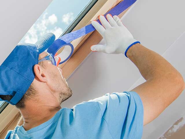 worker applying painters tape around an edge