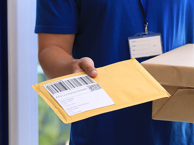 courier handing a brown padded envelope to recipient