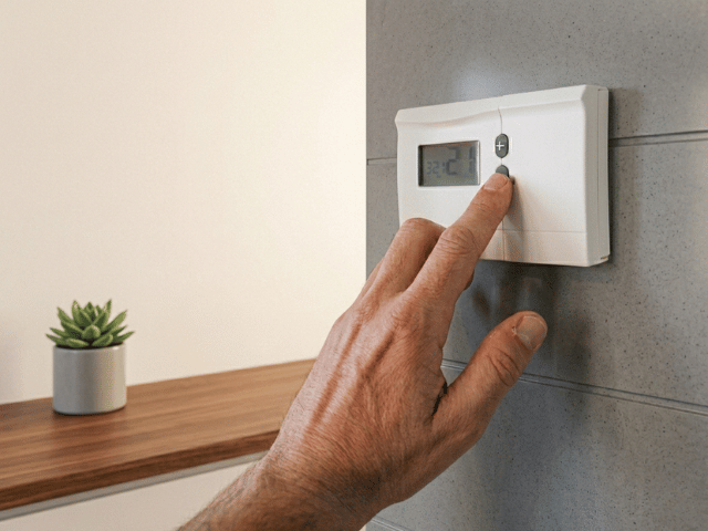 Detail ruky nastavující digitální termostat na stěně. Ovládací panel slouží k regulaci teploty v místnosti a řízení systému podlahového vytápění.