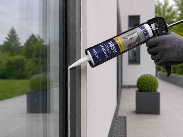 Handwerker trägt Acryldichtstoff an einer Fensterlaibung im Außenbereich auf