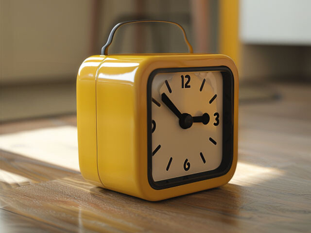 Yellow alarm clock on a wooden floor
