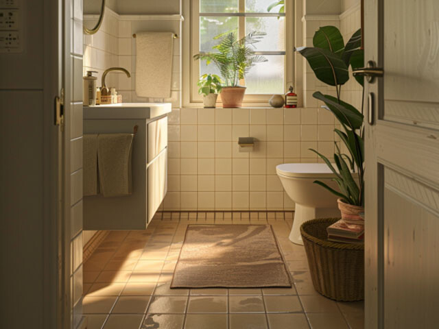 Inside of a bathroom with a sink on the left and a toilet on the right