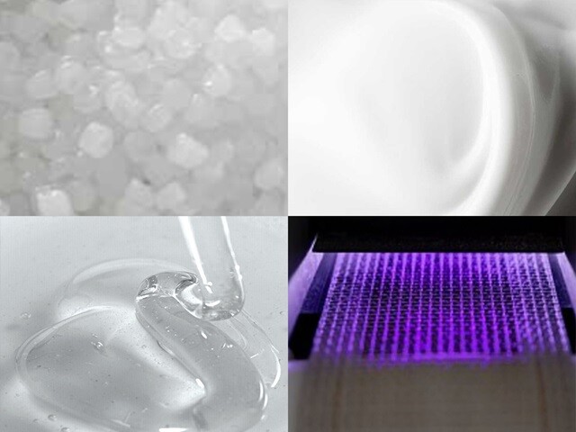 Collage illustrating pressure‑sensitive adhesive technology, showing polymer granules, adhesive film, liquid adhesive, and UV curing process.