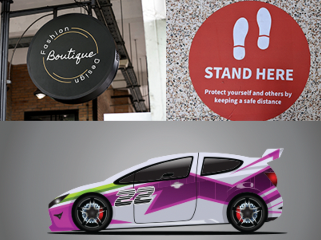 Boutique sign, stand here floor graphic, sports car wrapped in custom purple and white graphics.