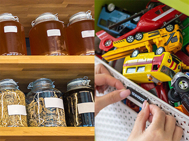 labels on jars and basket with toy trucks