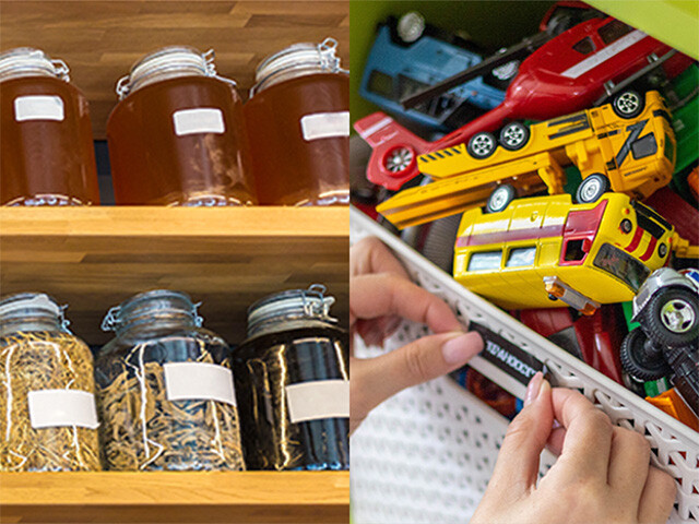 labels on jars and basket with toy trucks
