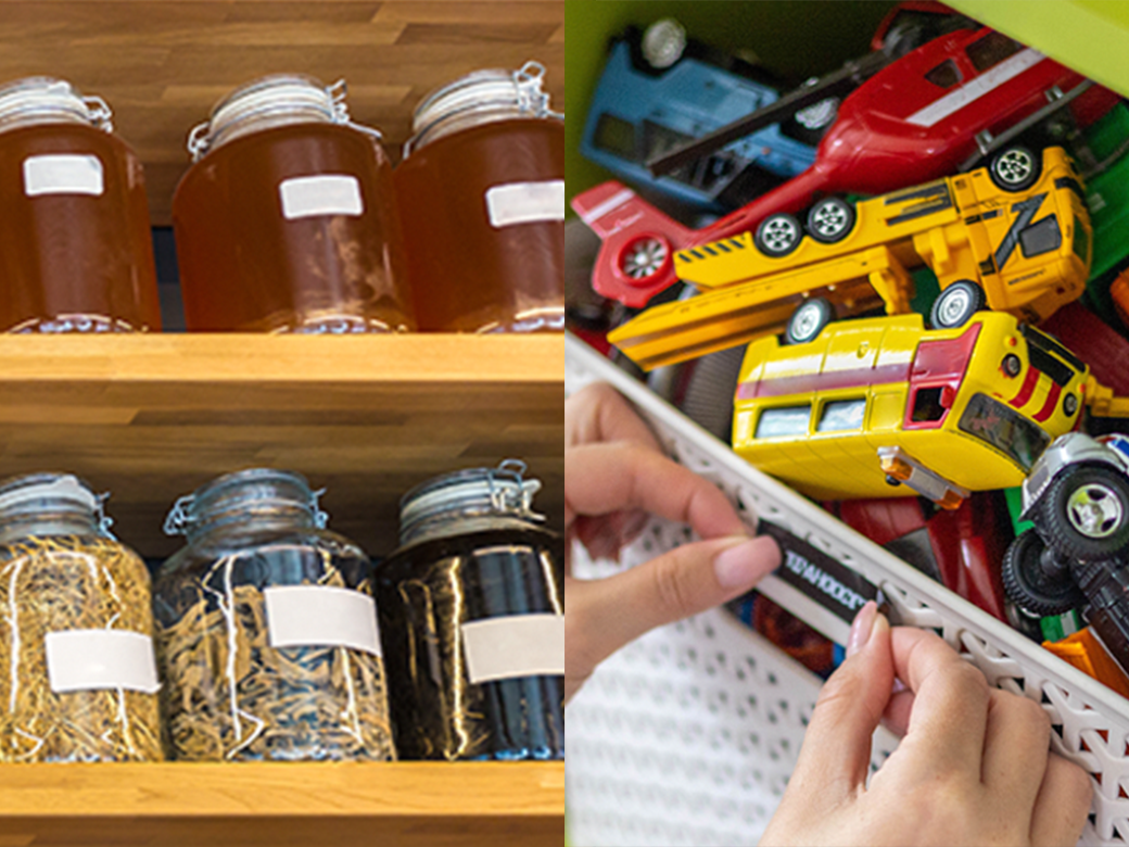 labels on glass containers, plastic containers and products