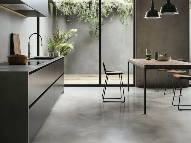 Kitchen with a concrete floor.