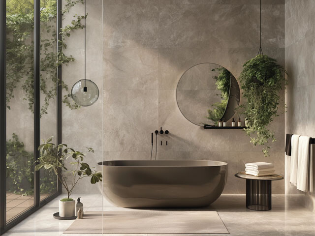 Bathroom with a tub and a big glass window to the left