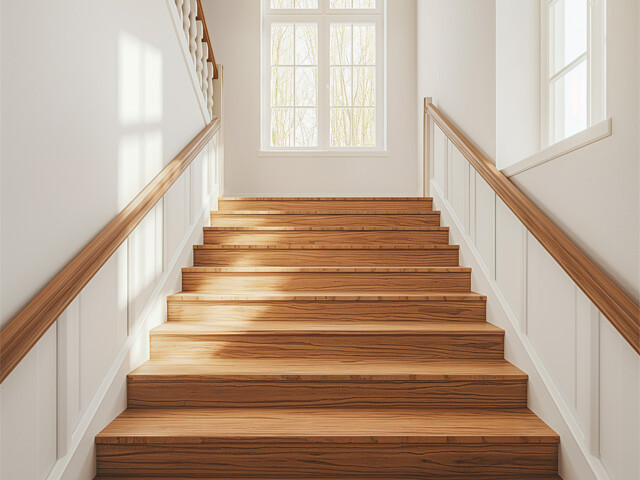 wooden stair case with banisters on the side and white wooden paneling 