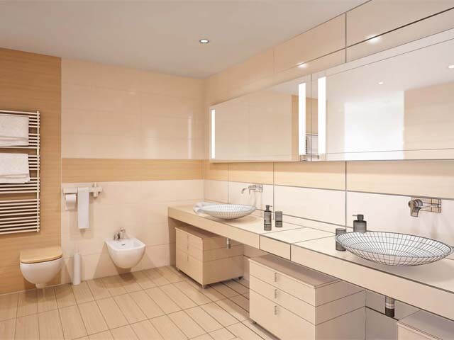 Bathroom with two sinks and a mirror
