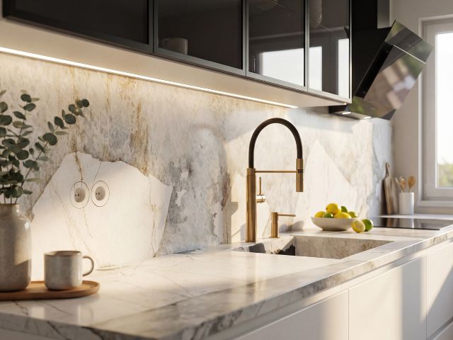 Modern kitchen with marble backsplash and countertop bonded using construction adhesive solutions.