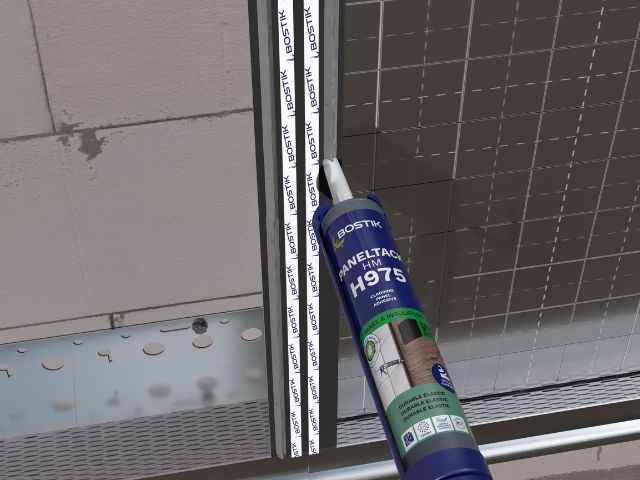 Bostik PanelTack HM adhesive being applied between façade cladding panels and a support frame, illustrating concealed bonding for ventilated façade systems.