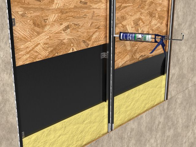 Technical illustration of a ventilated façade system showing Bostik PanelTack adhesive used to bond exterior cladding panels to a structural support framework.