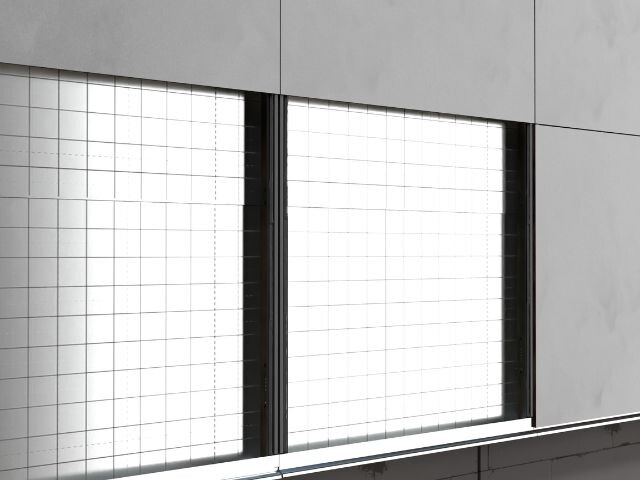 Technical illustration of a ventilated façade system with exterior cladding panels mounted to support profiles, showing the cavity behind the panels for airflow and moisture management.