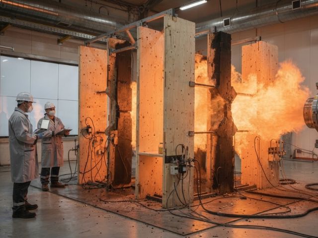 Fire resistance test being conducted on a full-scale wall assembly in a laboratory, demonstrating the performance of passive fire protection and firestopping systems under extreme temperatures.
