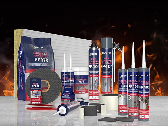 Range of Bostik passive fire protection products, including fire-resistant sealants, foams, mortars and accessories, displayed against a flame-themed background.