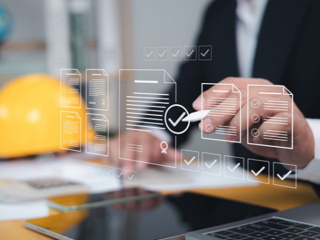 Digital checklist and document icons illustrating construction quality control and compliance processes.