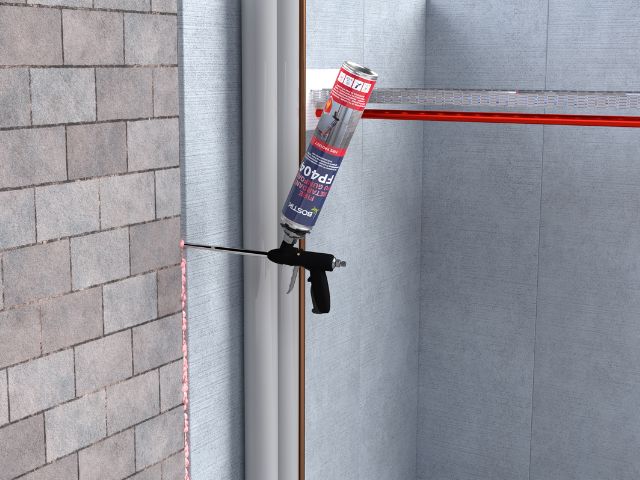 Technical illustration of Bostik FP404 Fire Retardant PU Gun Foam applied around a wall joint, demonstrating passive fire protection between building elements.