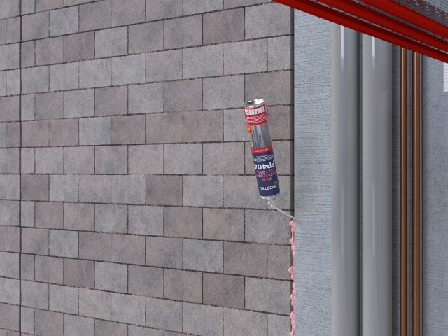 Technical illustration showing Bostik FP404 Fire Retardant PU Gun Foam sealing the perimeter joint between a masonry wall and structural frame as part of a passive fire protection system.