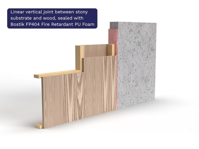 Technical illustration showing a vertical joint between a timber structure and masonry wall sealed with Bostik FP404 Fire Retardant PU Gun Foam as part of a passive fire protection system.