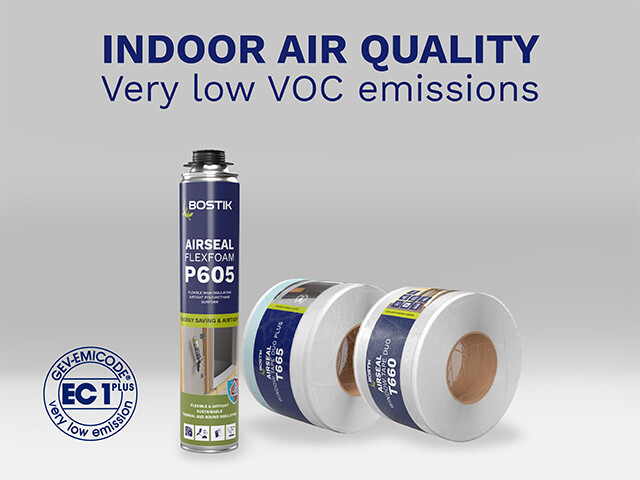 Bostik Airseal Flexfoam P605 and sealing tapes displayed with “Very low VOC emissions” message, highlighting indoor air quality performance.