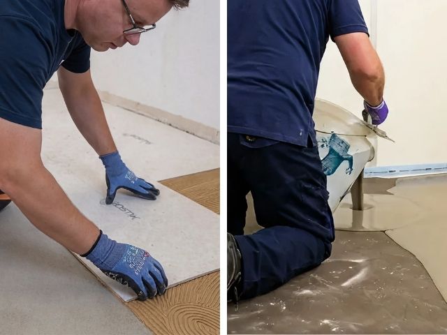 Installer positioning a floor panel precisely onto adhesive during wooden floor installation.