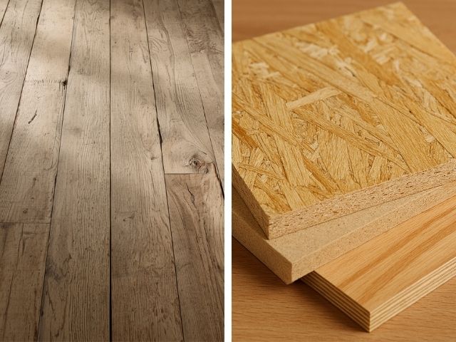 Split image showing two main types of wooden substrate, namely old parquet and wooden boards like OBS, chipboard and plywood.