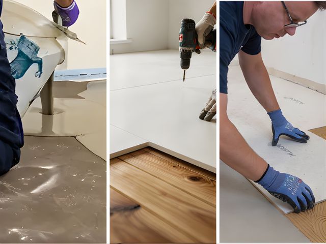Installer positioning a floor panel precisely onto adhesive during wooden floor installation.