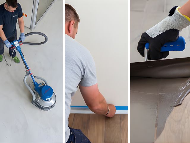 Split image showing floor grinding, edge preparation near a wall, and adhesive smoothing during floor installation.