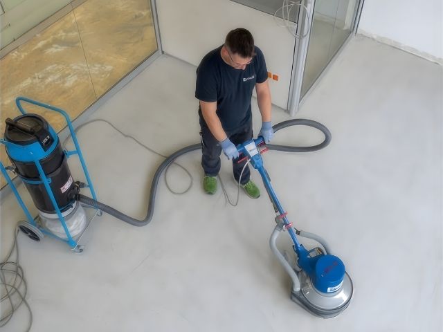 Installer operating a floor grinding machine connected to a dust extractor to prepare a subfloor.