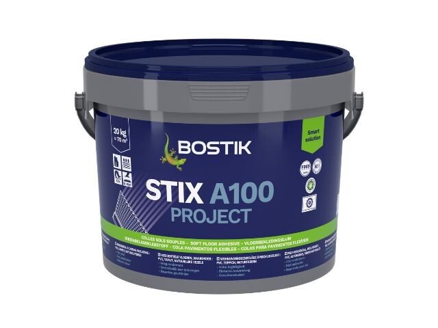Bostik STIX A100 Project soft floor adhesive in a 20 kg blue and grey bucket, designed for residential flooring applications, including PVC, carpet, and natural fibres. Packshot on a white background.