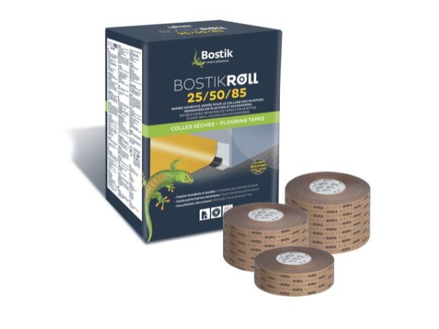 Bostik Roll 25/50/85 flooring adhesive tapes displayed with packaging, showing dry adhesive rolls for floor installation systems.