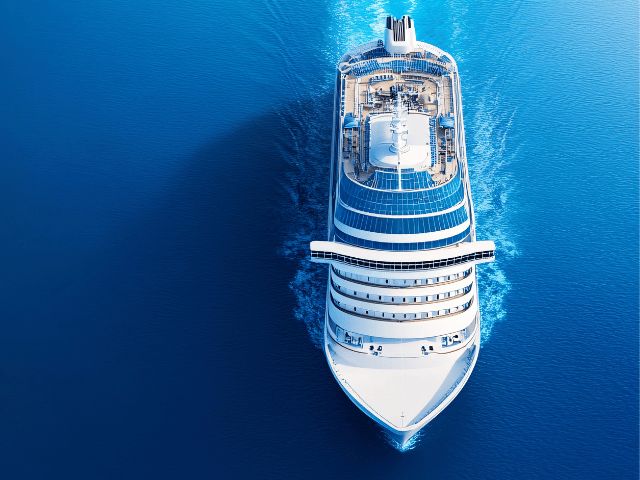Aerial view of a cruise ship sailing through deep blue water, illustrating large-scale marine environments for Bostik applications.