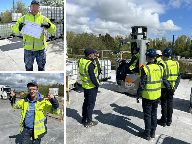 compilation of bostik ireland employees holding up their certificate and watching a forklift demonstration