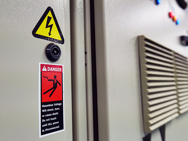 danger label adhered to the side of an electrical panel