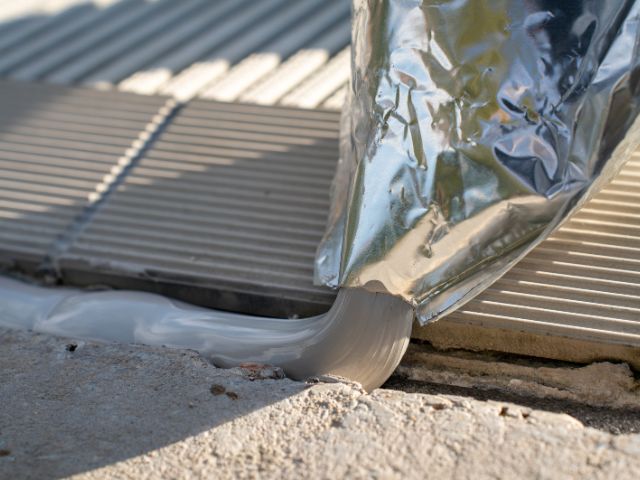 Etanșant Bostik aplicat dintr-un pachet folie pe rostul dintre suprafețe din beton, asigurând etanșarea flexibilă și durabilă a îmbinărilor exterioare.