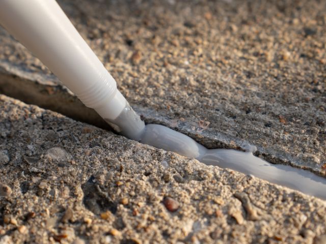 Pistol de aplicare Bostik distribuie etanșant într-un rost de dilatație din beton, oferind protecție împotriva infiltrațiilor și mișcărilor structurale.